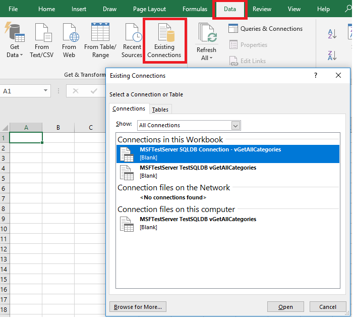 Screenshot from Microsoft Excel of existing connections.
