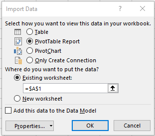 Screenshot from Microsoft Excel of choosing a PivotTable report to import data.