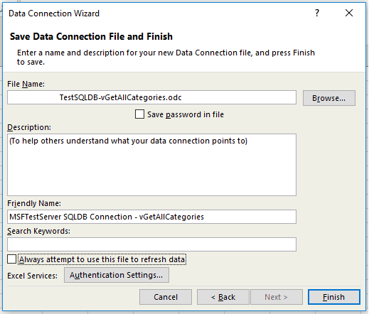 Screenshot from Microsoft Excel of the Save Data Connection.
