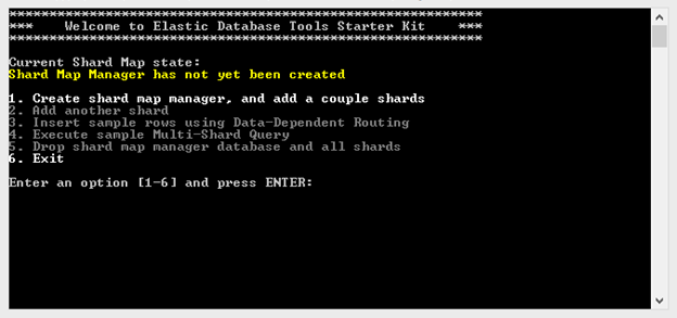 Screenshot from the command prompt of the Elastic Database Tools starter kit.