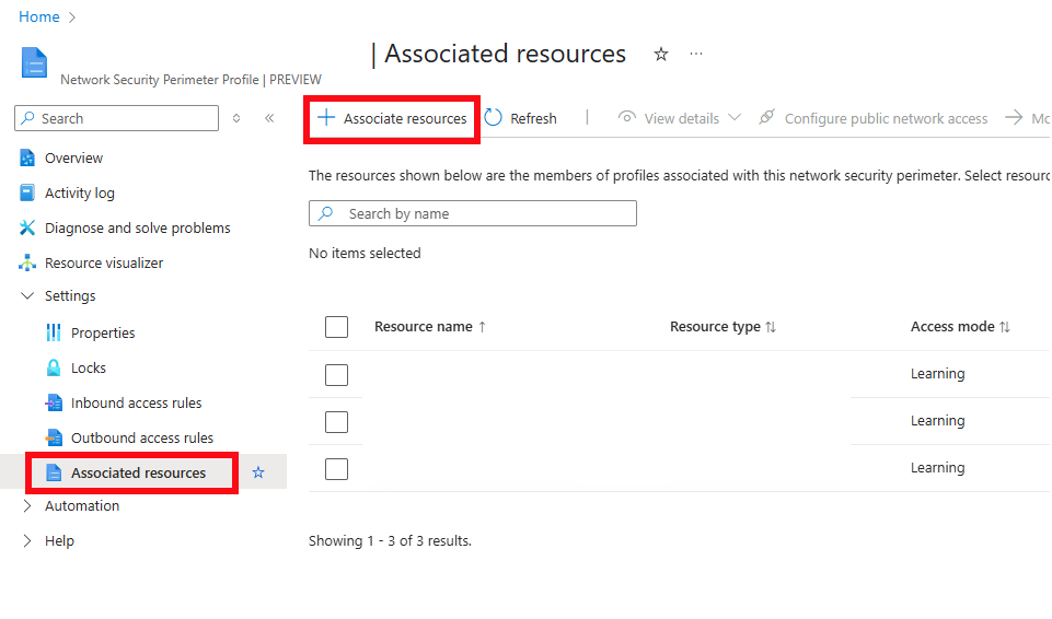 Screenshot of associated resources for network security perimeter in the Azure portal.