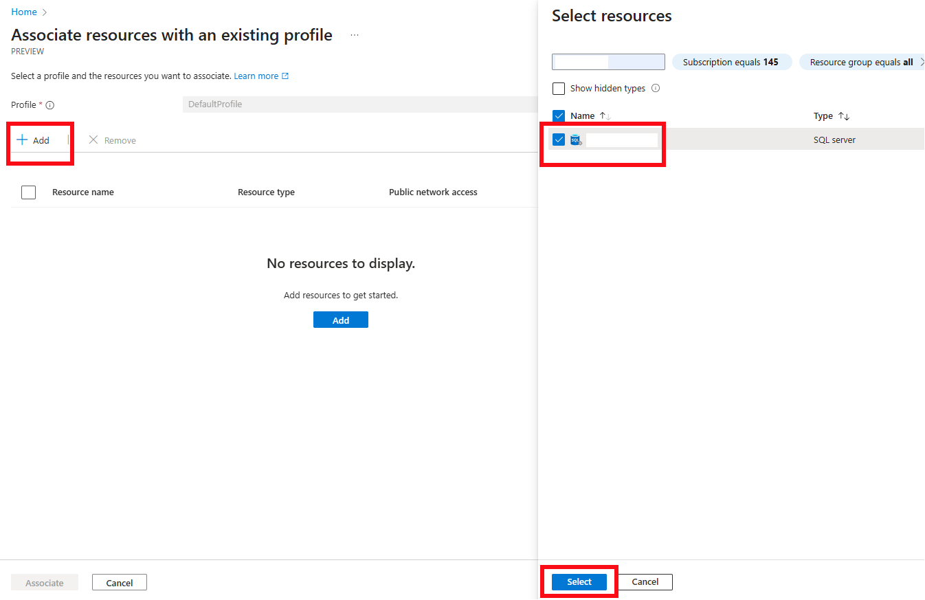 Screenshot of adding an associated resource for network security perimeter in the Azure portal.