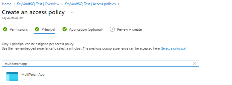 Screenshot of the access policy menu of Azure Key Vault in the Azure portal.