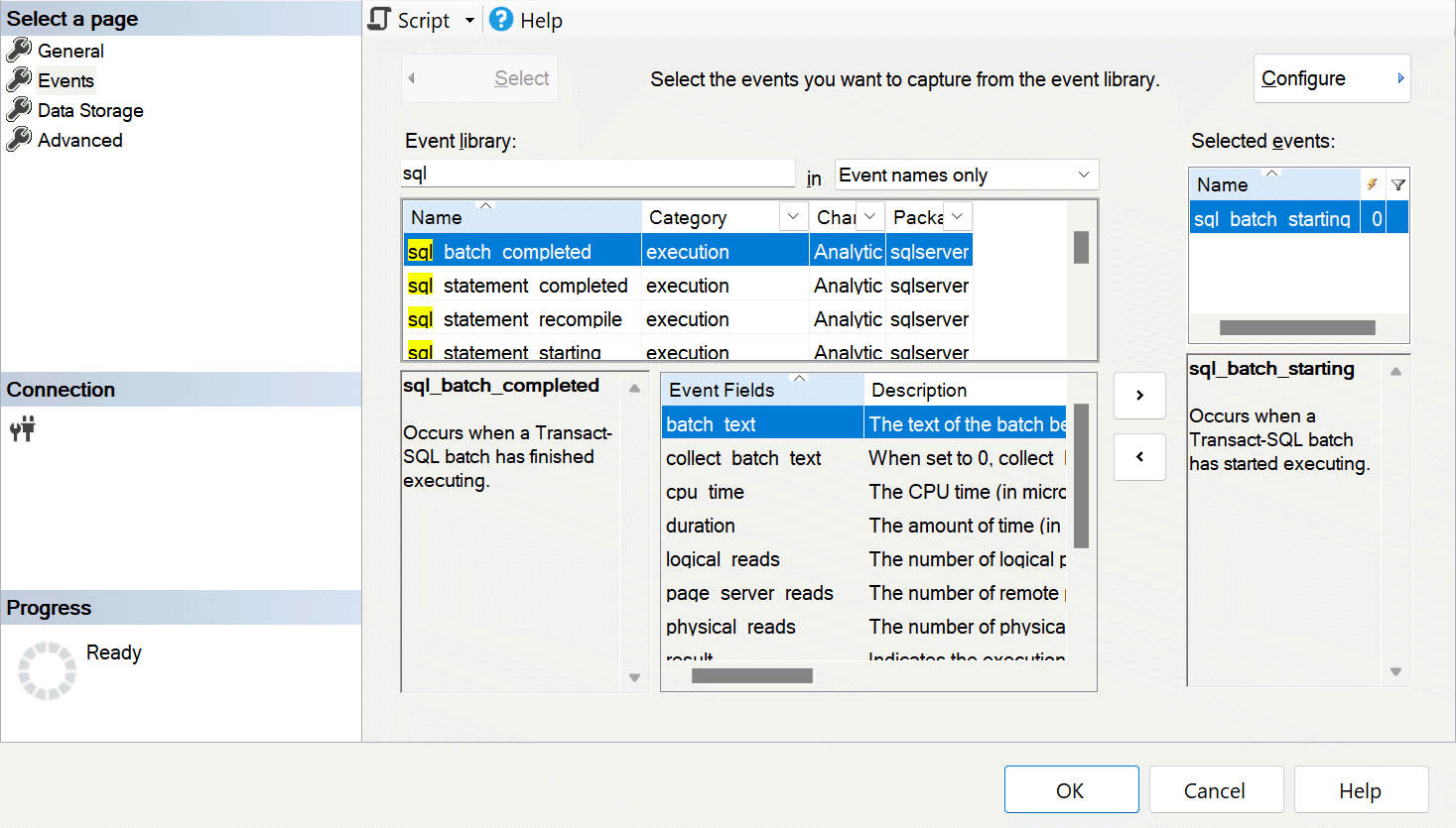 Screenshot of the New Session SSMS dialog showing the event selection page with the sql_batch_starting event selected.