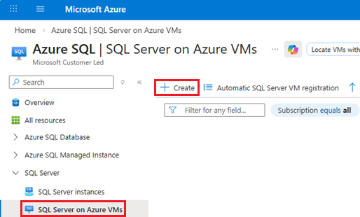 Screenshot of the SQL Server on Azure VMs page from the Azure SQL hub page in the Azure portal, showing the +Create button.