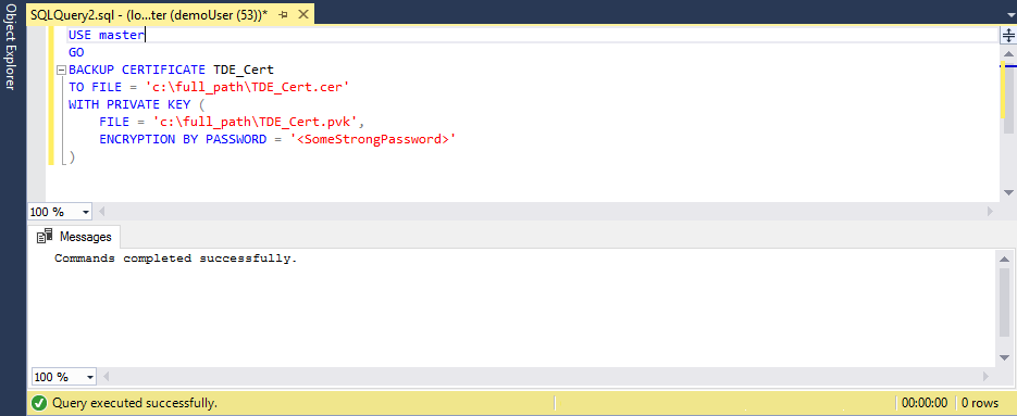 Screenshot in SSMS that shows the backed up TDE certificate.