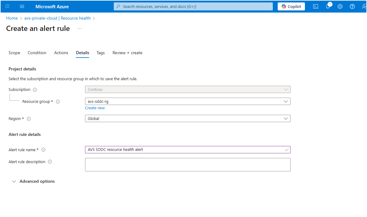 Screenshot showing new action group creation wizard with details tab.