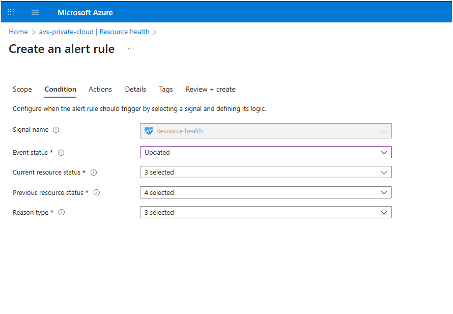 Screenshot showing condition tabs while creating alerts using Resource Health for the AVS private cloud.