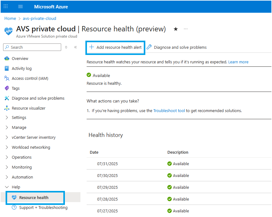 Screenshot showing add resource health alert button.