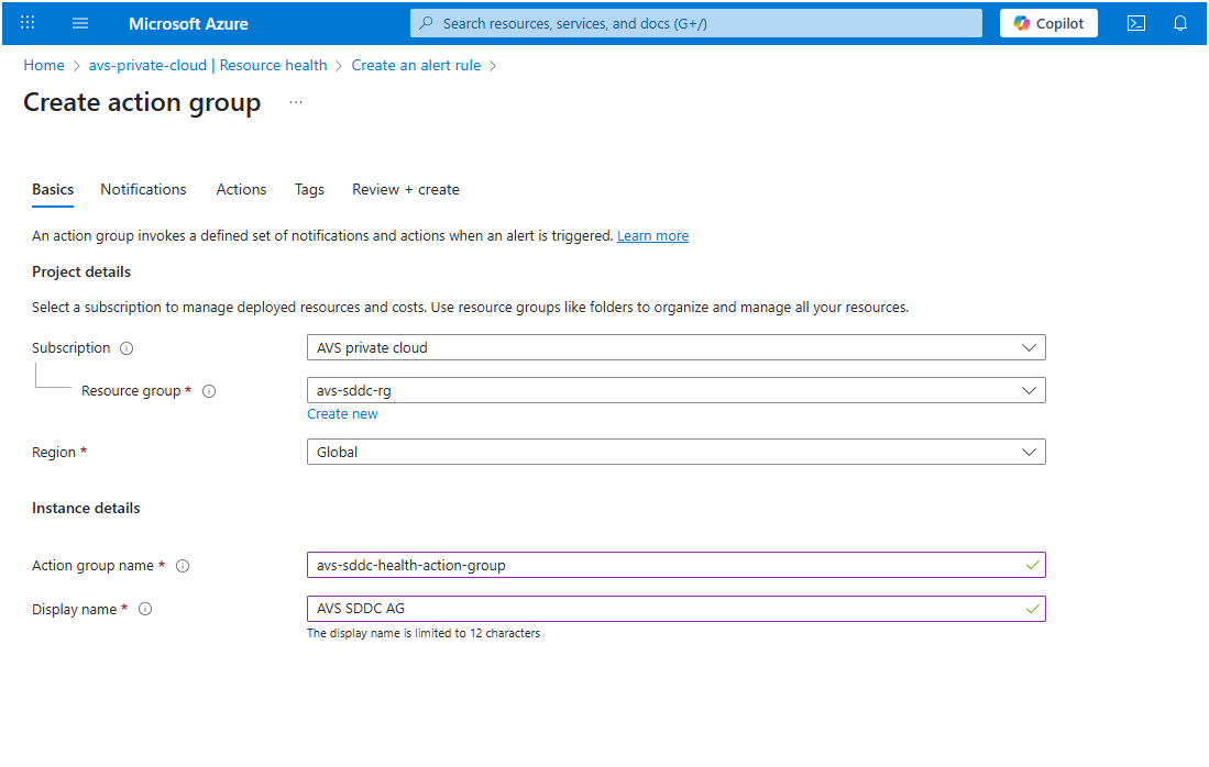 Screenshot showing new action group creation wizard with basics tab.