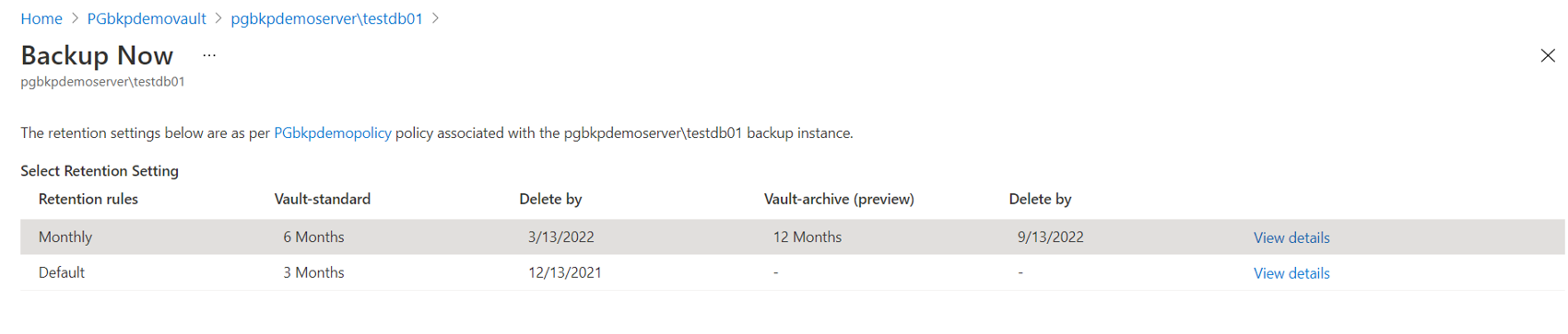Screenshot that shows retention rules that were defined in a backup policy.