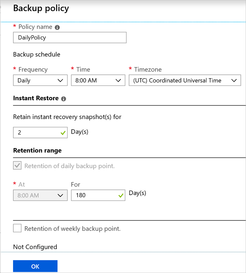 Screenshot shows the default backup policy.