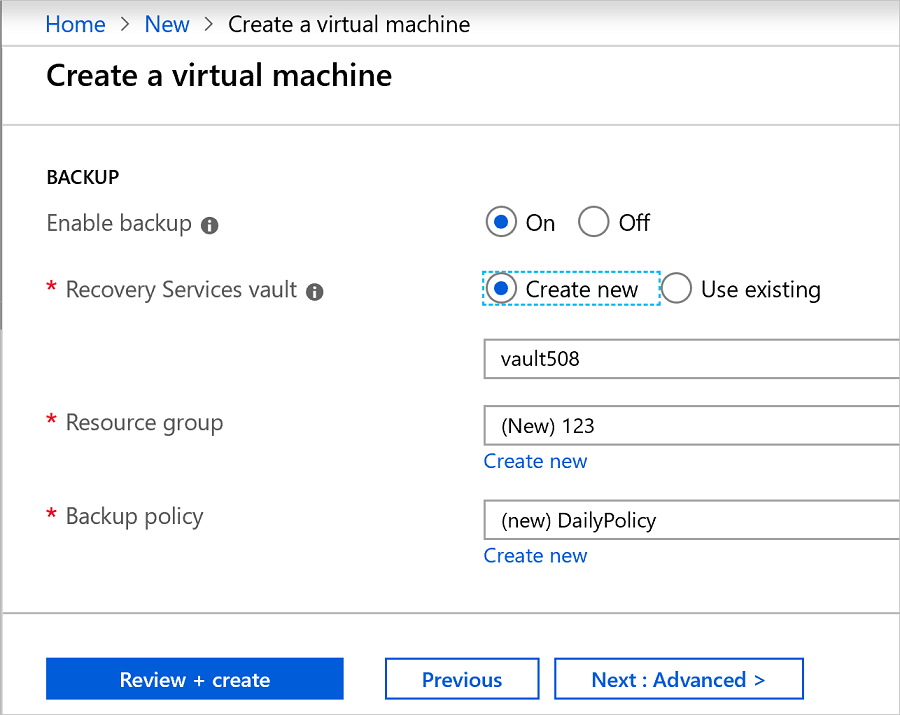Screenshot shows how to enable backup for a VM.