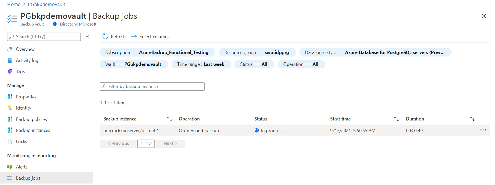 Screenshot that shows a tracked triggered job on the pane for backup jobs.