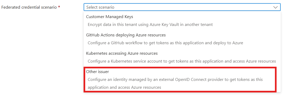 Select Federated Credentials Other Issuer Scenario.