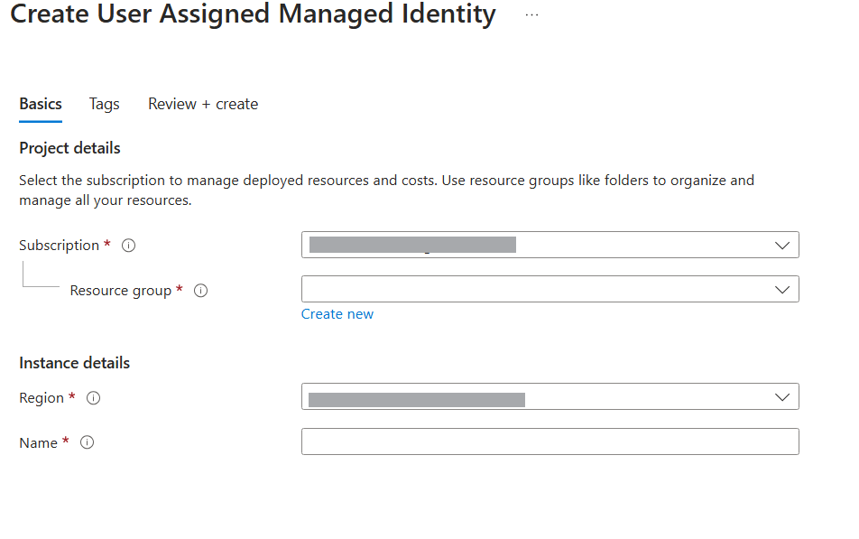 The project details settings for an Managed Identity