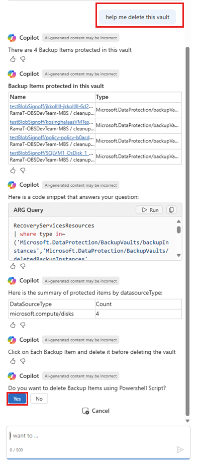 Screenshot shows the option to download the vault deletion script from Copilot.