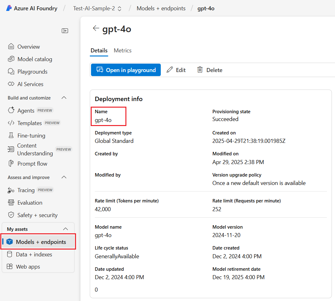 Screenshot of the Models and endpoints asset showing gtp-4o as the deployed model and related deployment info.