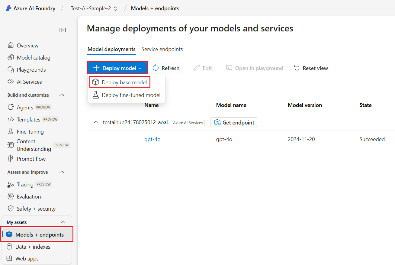 Screenshot of the Manage deployments of your models and services page showing the Deploy base model menu item selected.