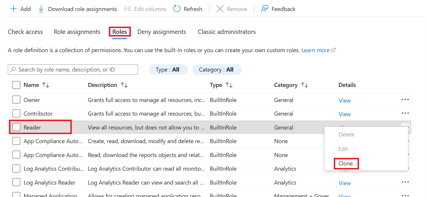 Screenshot that shows cloning a role.