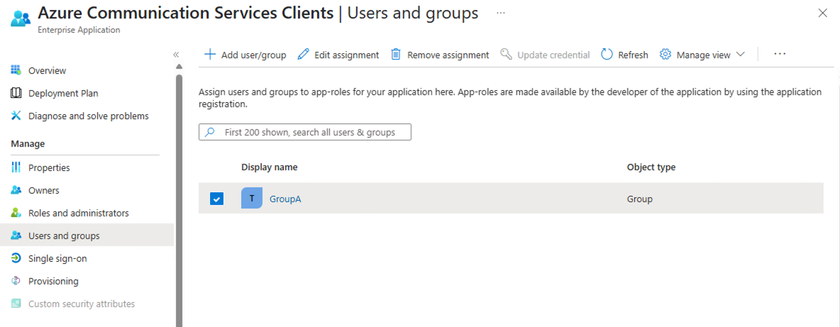 Diagram that shows how to assign group access to Azure Communication Services Clients application.