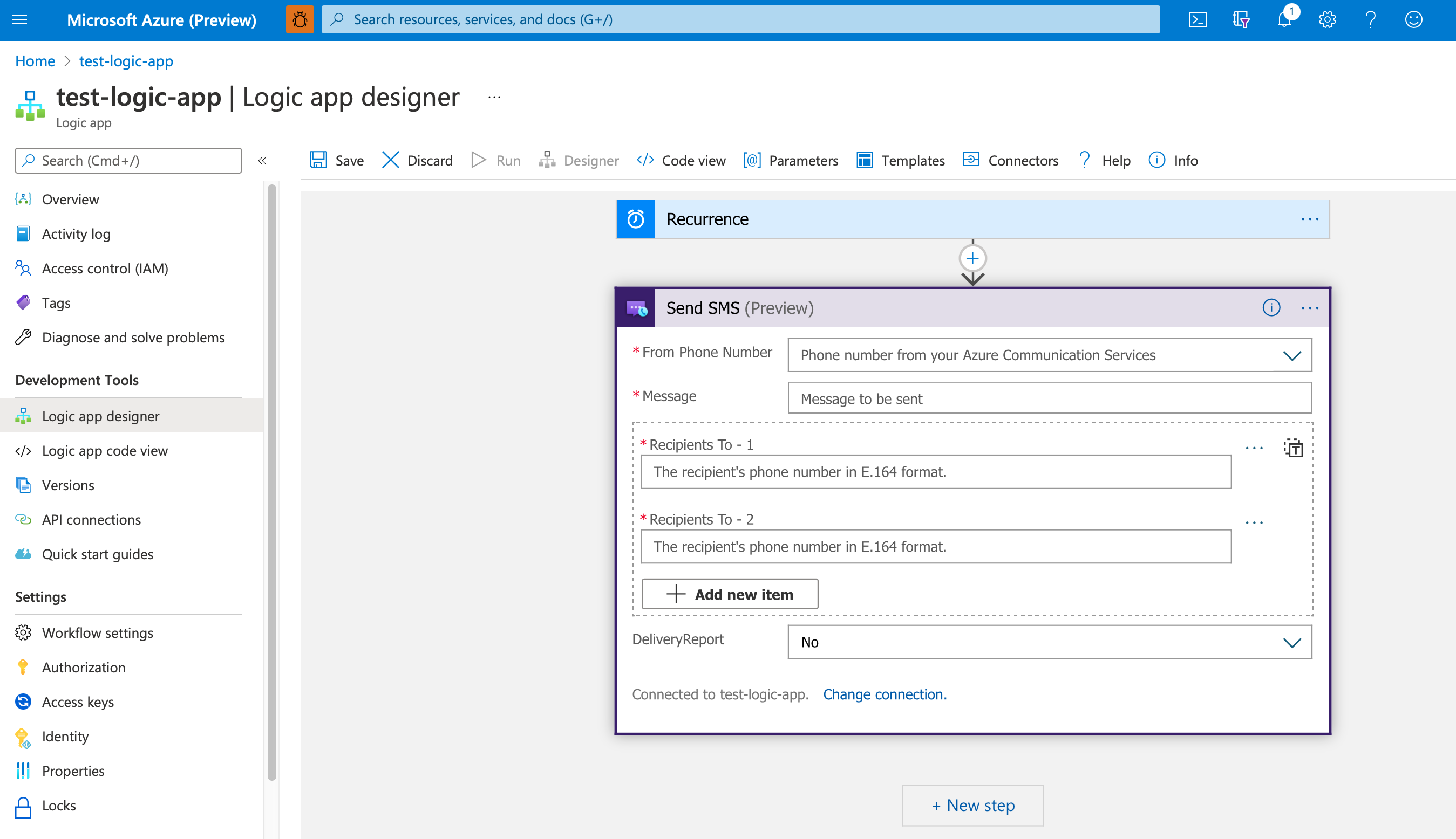 Screenshot that shows the Azure portal open to the Logic App Designer. Azure portal shows an example logic app that uses the Send SMS action for the Azure Communication Services connector.