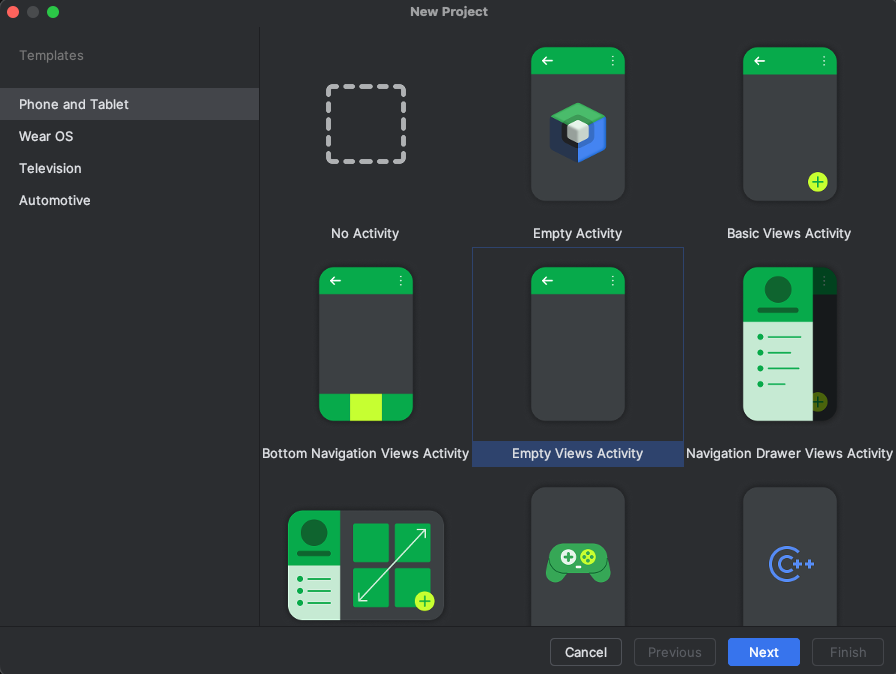 Screenshot that shows the New Project dialog in Android Studio with Empty Views Activity selected.