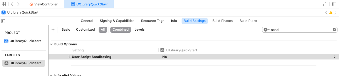 Screenshot that shows the Build Settings option to turn off User Script Sandboxing.