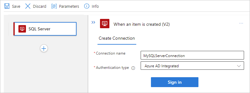 Screenshot shows SQL Server cloud connection information with selected authentication type.