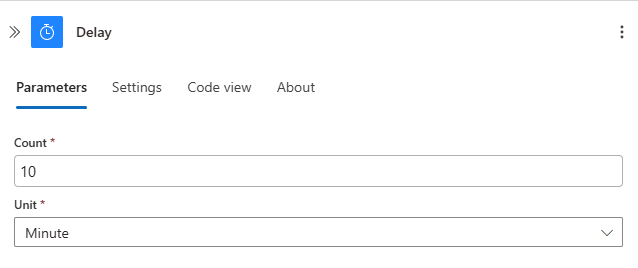 Screenshot shows the Delay action where you can set the count and unit for the delay.