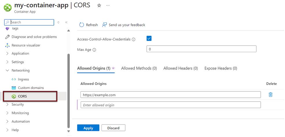Screenshot showing how to enable CORS in the Azure portal.