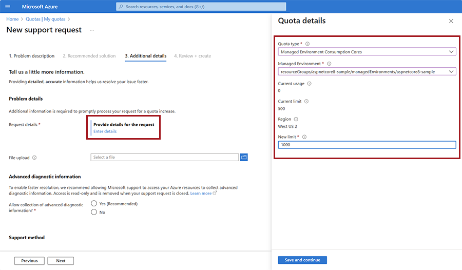 Screenshot of Azure Quota Management System details window.
