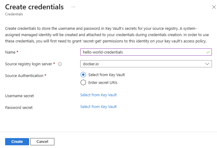 Screenshot showing details entered to create credentials for a container registry in Azure portal.