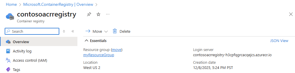 Screenshot of the overview page of a container registry in the Azure portal.