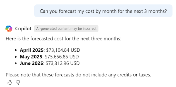 Screenshot of Microsoft Copilot in Azure forecasting costs for a subscription for the next three months.