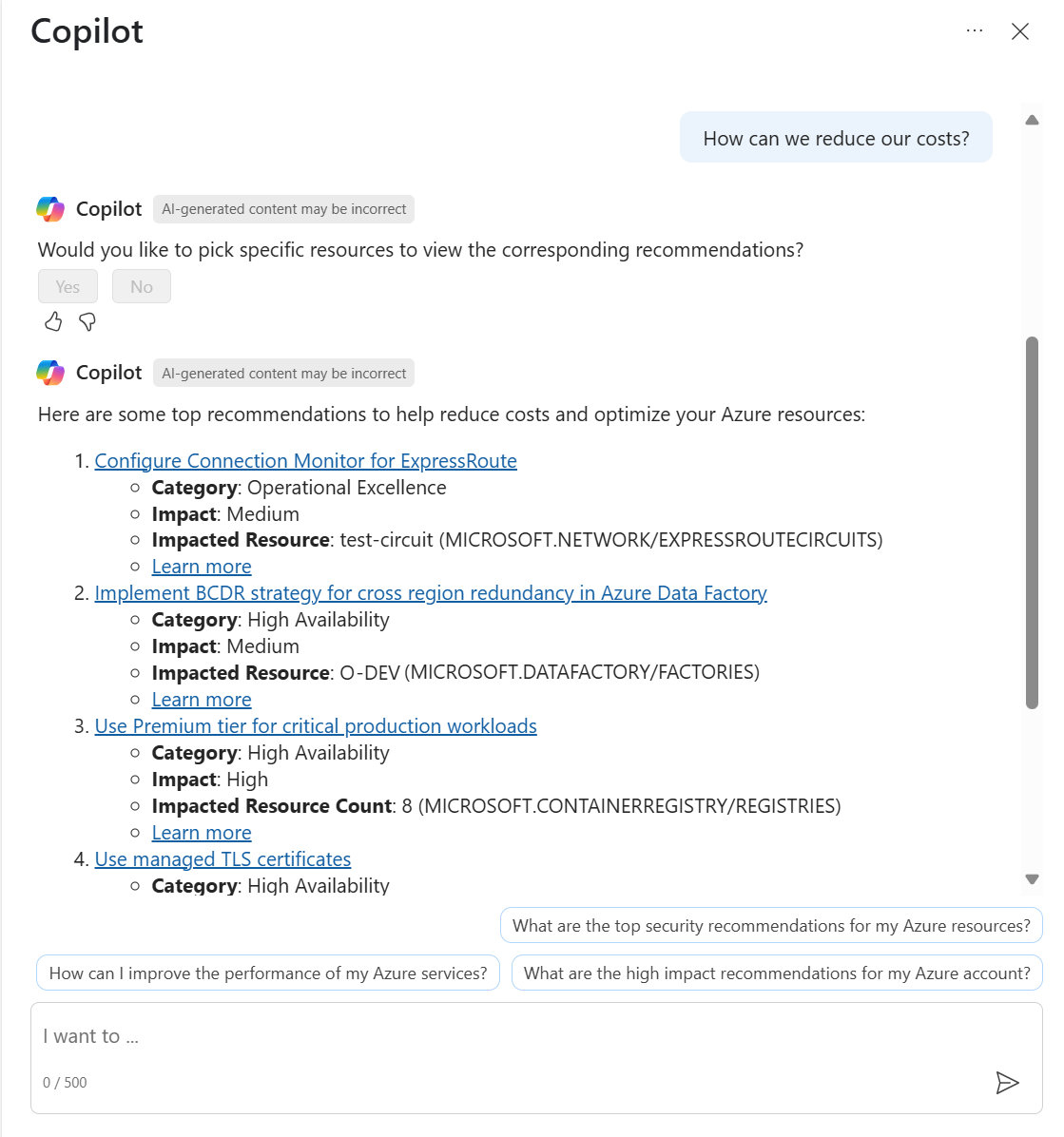 Screenshot of Microsoft Copilot in Azure providing a list of recommendations to reduce costs.