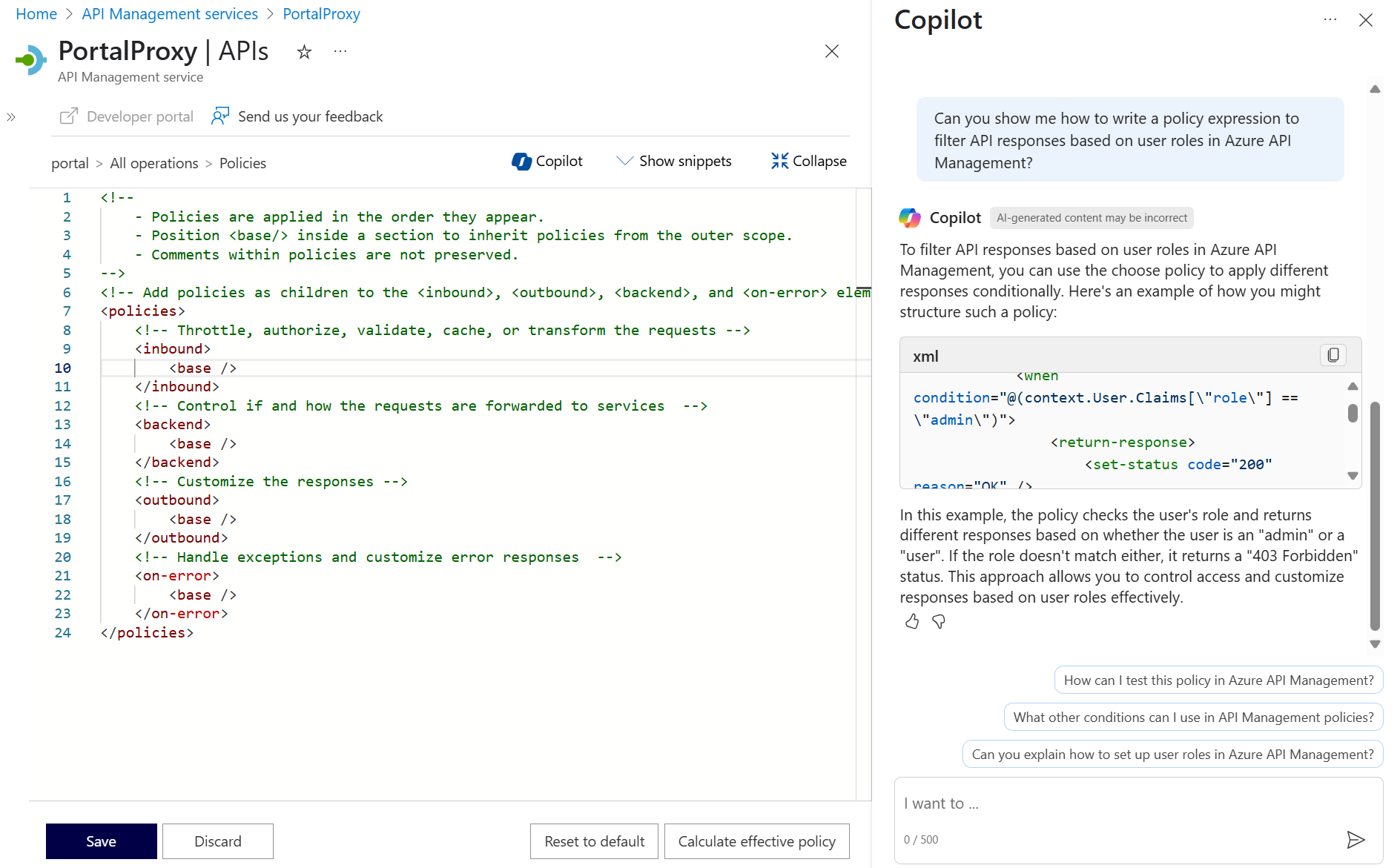 Screenshot of Microsoft Copilot in Azure generating a policy to filter API responses.