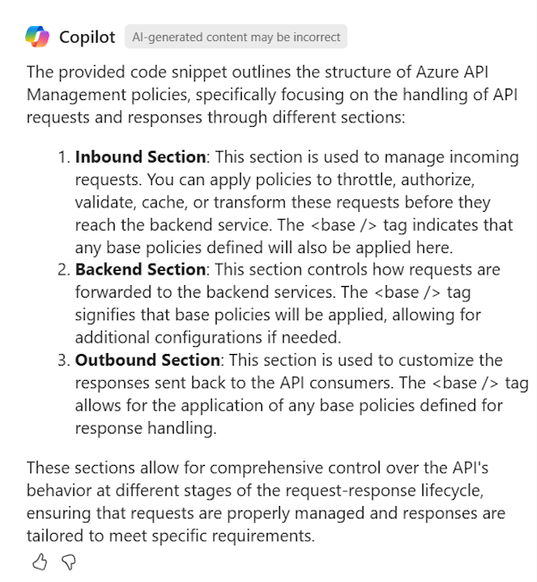 Screenshot of Microsoft Copilot in Azure providing information about a specific API Management policy.