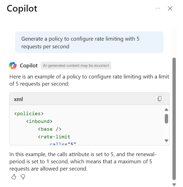 Screenshot of Microsoft Copilot in Azure generating a policy to configure rate limiting.
