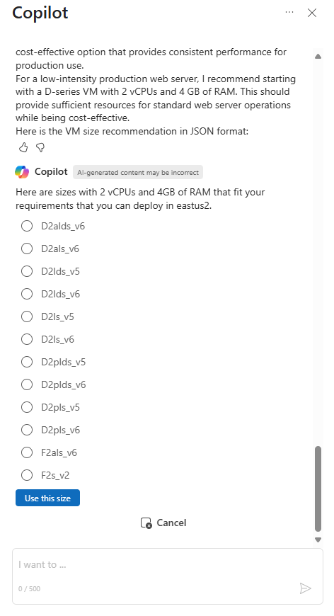 Screenshot showing Microsoft Copilot in Azure providing size recommendations for a VM.