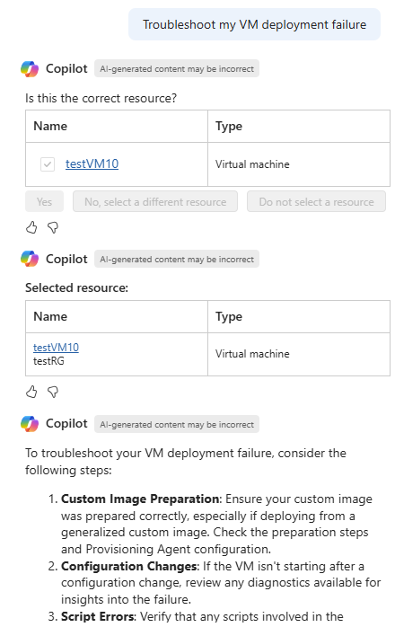 Screenshot of Microsoft Copilot for Azure responding to a request to troubleshoot VM deployment failure.