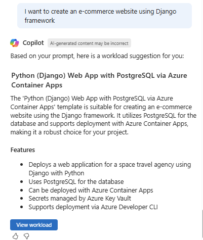 Screenshot of example of a template recommendation from Microsoft Copilot in Azure.