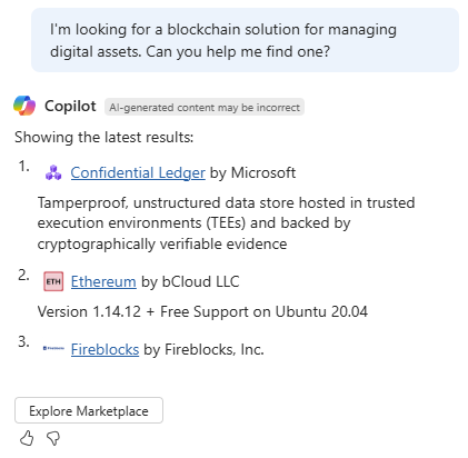 Screenshot of Microsoft Copilot in Azure providing options for blockchain solutions in Azure Marketplace.
