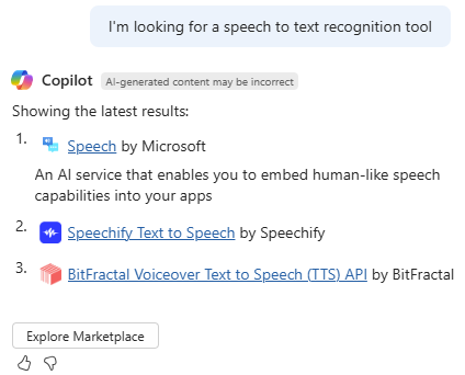 Screenshot of Microsoft Copilot in Azure providing options for speech-to-text recognition tools in Azure Marketplace.