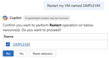 Screenshot of Copilot in Azure responding to a request to restart a VM.