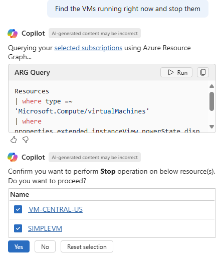 Screenshot showing Copilot in Azure responding to a request to stop running VMs.