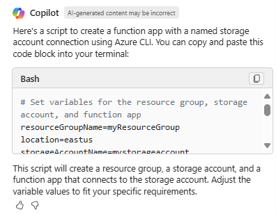Screenshot of Microsoft Copilot in Azure providing an Azure CLI script to create a function app with a connected storage account.