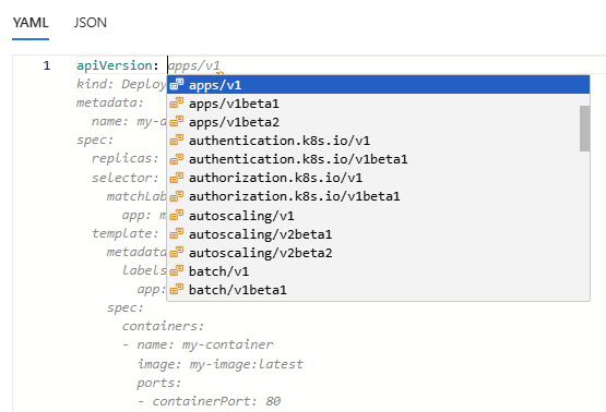 Screenshot showing Microsoft Copilot in Azure providing autocomplete suggestions in an AKS YAML file.