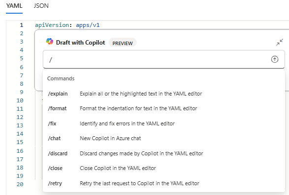 Screenshot showing the commands available in the inline Microsoft Copilot in Azure control in an AKS YAML file.