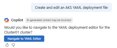 Screenshot of a prompt for help generating an AKS YAML file in Microsoft Copilot in Azure.